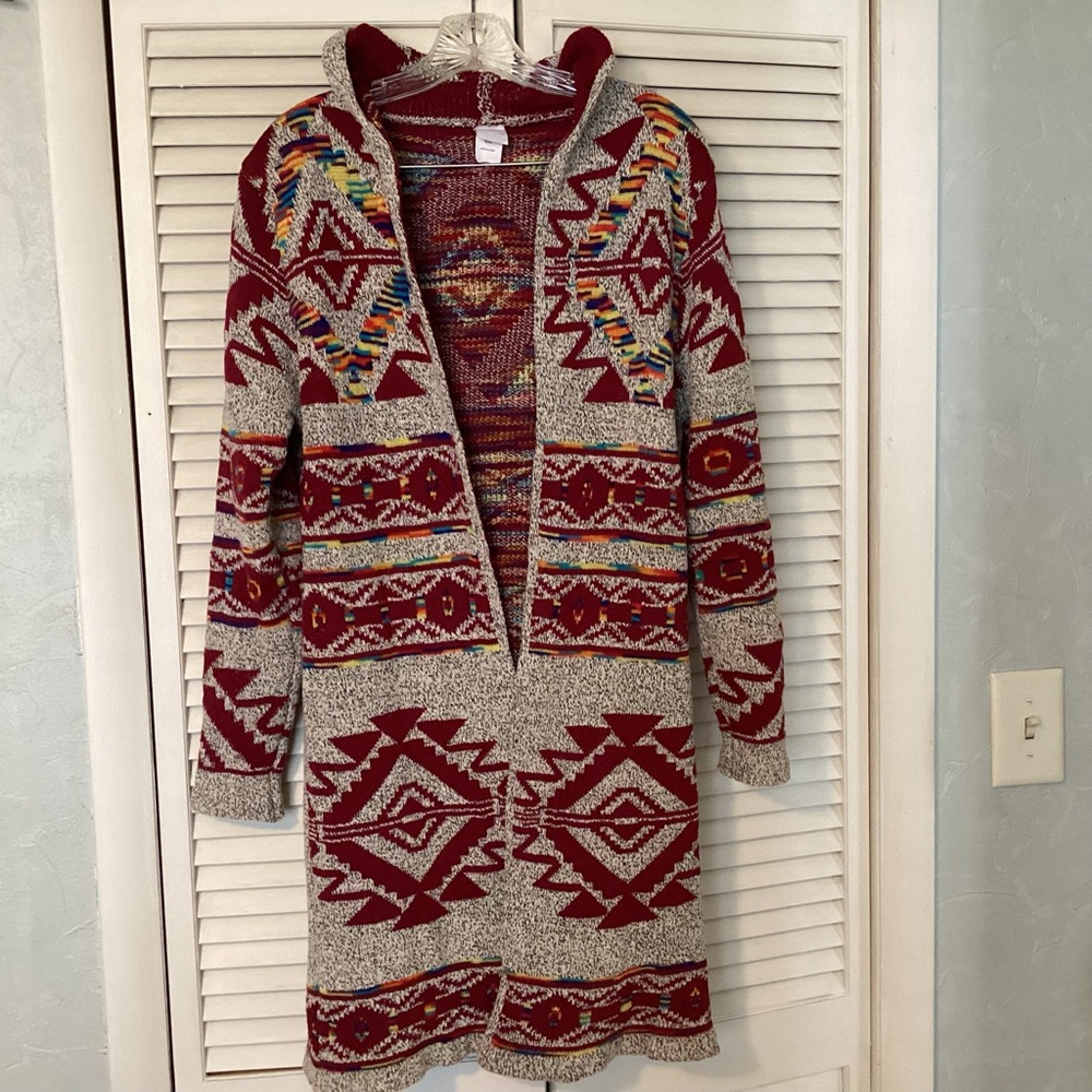Aztec Southwestern Red and Gray Women's Hooded Cardigan Duster Northern Angel - Picture 2 of 13